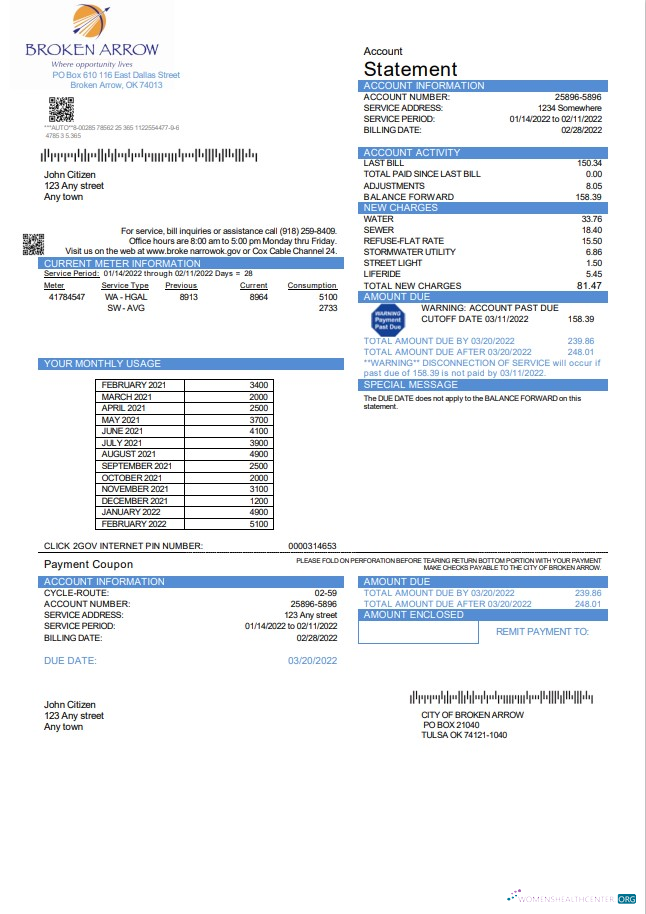 download USA Oklahoma City of Broken Arrow utility bill template in Word and PDF format PDF template